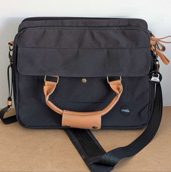 PKG | Black XPKG Travel Laptop Bag, Tan Faux Leather Handles - Picture 4 of 16